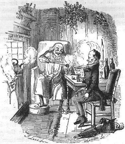 Scrooge and Bob Cratchit share a Christmas Day toast with mulled wine. (Woodcut by John Leech (1809-1870), from A Christmas Carol by Charles Dickens.)